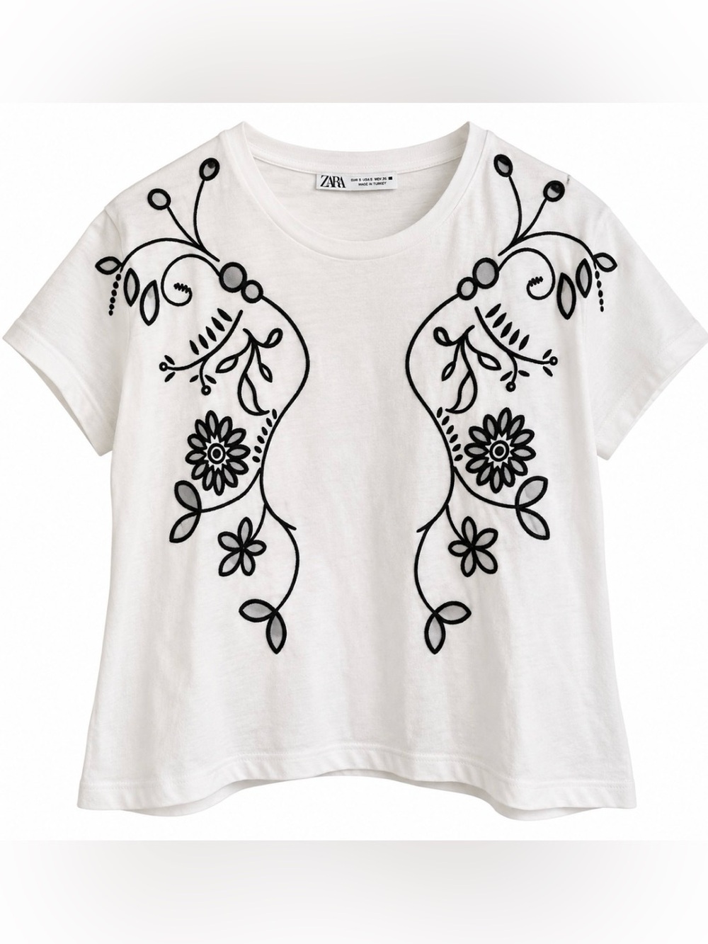 Zara White Black Floral Embroidered Short Sleeve Tee Size Small